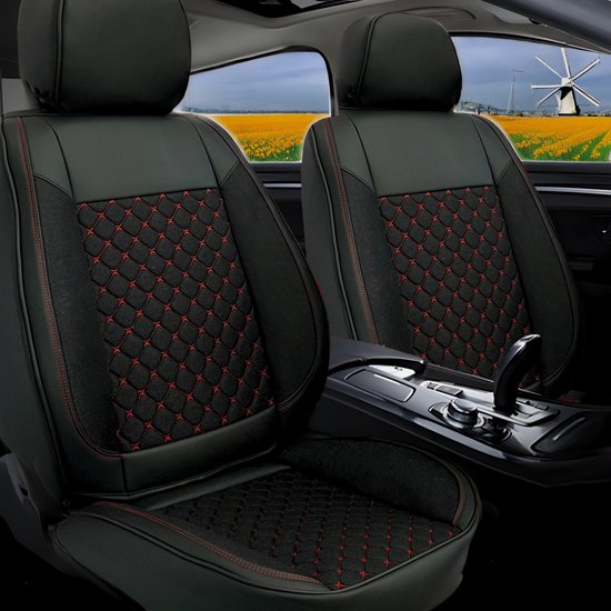 Foto: Autostoelhoezen voor vw t roc 2017 in pasvorm 13 delige set kunstleer zwart met rode naad voor en achterstoelen cls102