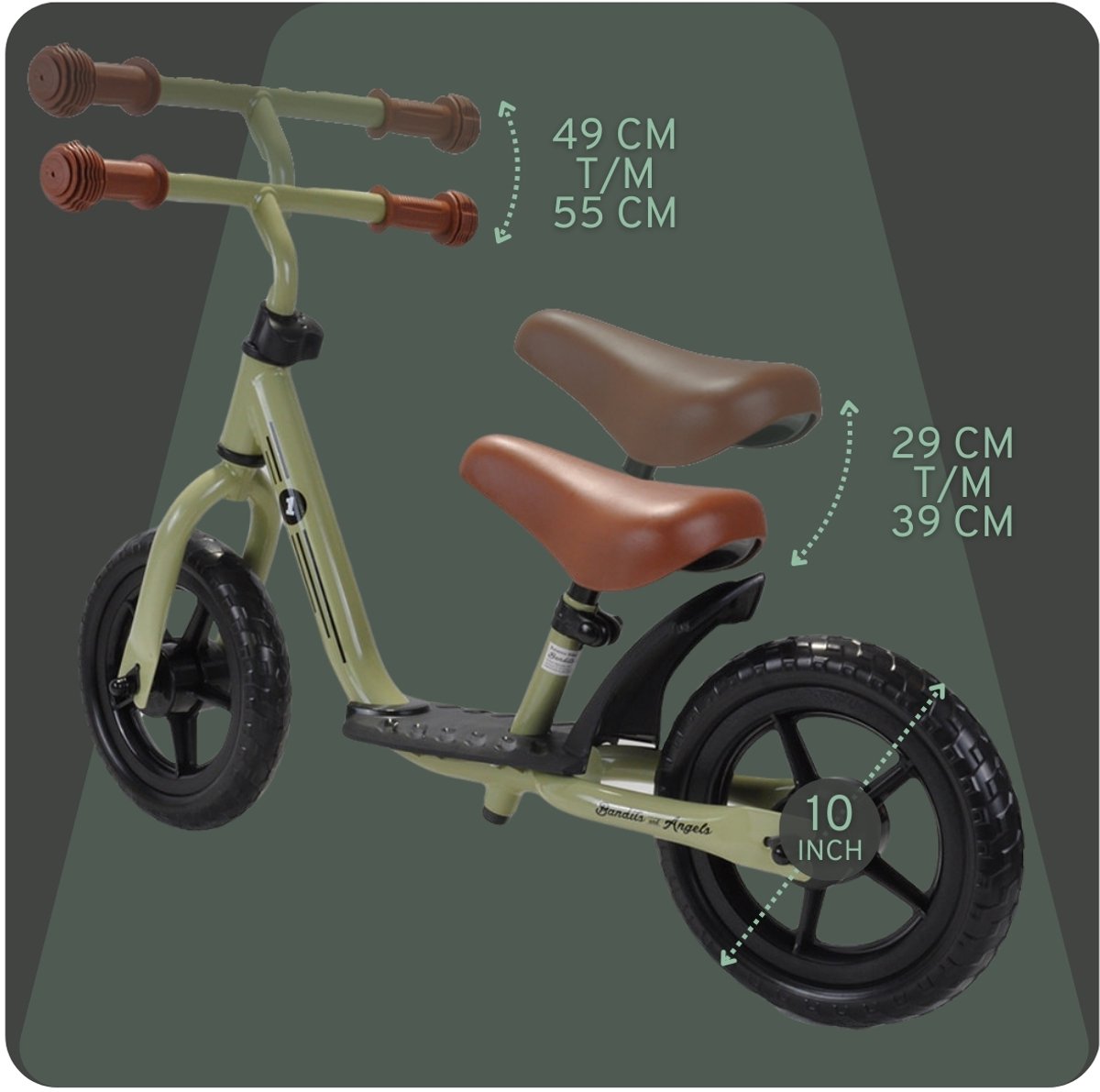 Bandits & Angels Metalen Loopfiets Starter Groen met Voetenplank vanaf 2 Jaar - Limited Edition - Vintage Groene Loop Fiets - Verstelbaar Zadel 29 tot 39 cm - Voor Jongens en Meisjes - Compact en Veilig - Lage Instap met Voetenplank — afbeelding 7