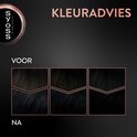Haarstalen in verschillende tinten donkerbruin tot zwart, weergegeven voor en na het kleuren.