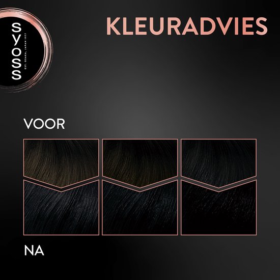 Haarstalen in verschillende tinten donkerbruin tot zwart, weergegeven voor en na het kleuren.