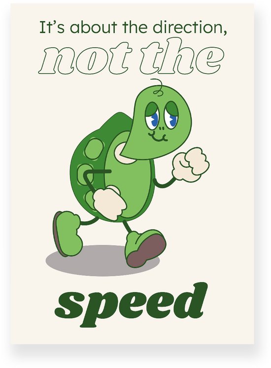 Poster 20x30 cm - Wandelende Schildpad - Illustratie - Groen - Beige - Cartoon - Motivatie - Muurdecoratie - Wanddecoratie