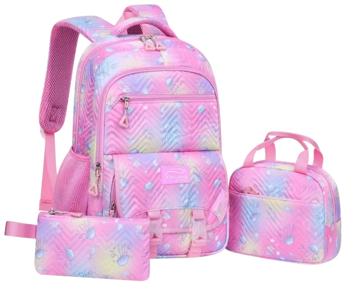 Twenty Two 3-delig schooltassen set | schoolrugzak, etui, lunchtas voor meisjes/basisschool roze|lila|blauw met ritssluiting |waterdicht | grote capaciteit/veel vakken |lichtgewicht |meiden tassenset |3 stuks |stevig tas |schooltassen set 31x17x45cm