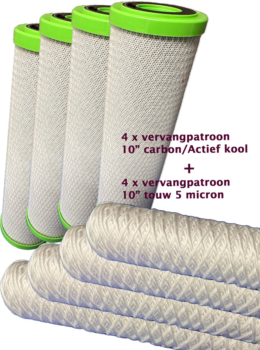 Vervangpatronen - 8 stuks - Carbon + Touw - 5 Micron - Genoeg voor een heel jaar!