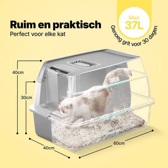 Jake and Jacky RVS Kattenbak - Kattentoilet Roestvrijstaal - Incl. Kattenbakschep met Houder en Gritopvang Opstapje - 2 in 1 Open Kattenbak met Afneembare Deksel - 60x40x38cm - Grijs