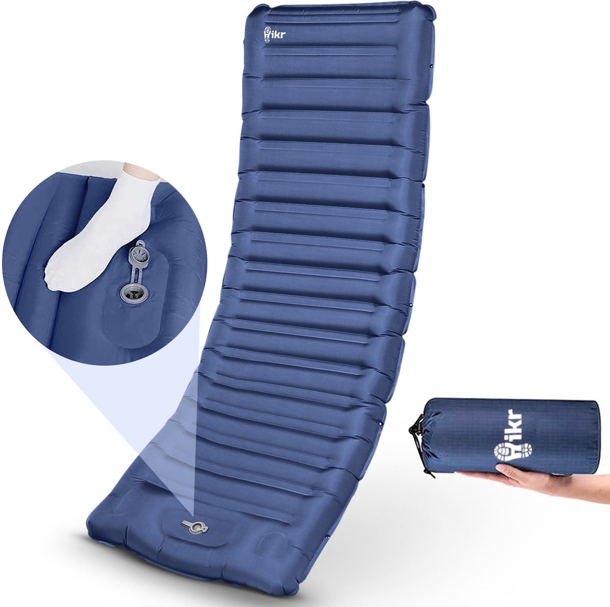 Hikr® slaapmat 10cm+ dikte - HS10-NH Zonder hoofdsteun - Zelfopblazend met voet - TPU+40D Nylon - Slaapmatje eenpersoons uitbreiden naar tweepersoons - Luchtmatras met ingebouwde pomp