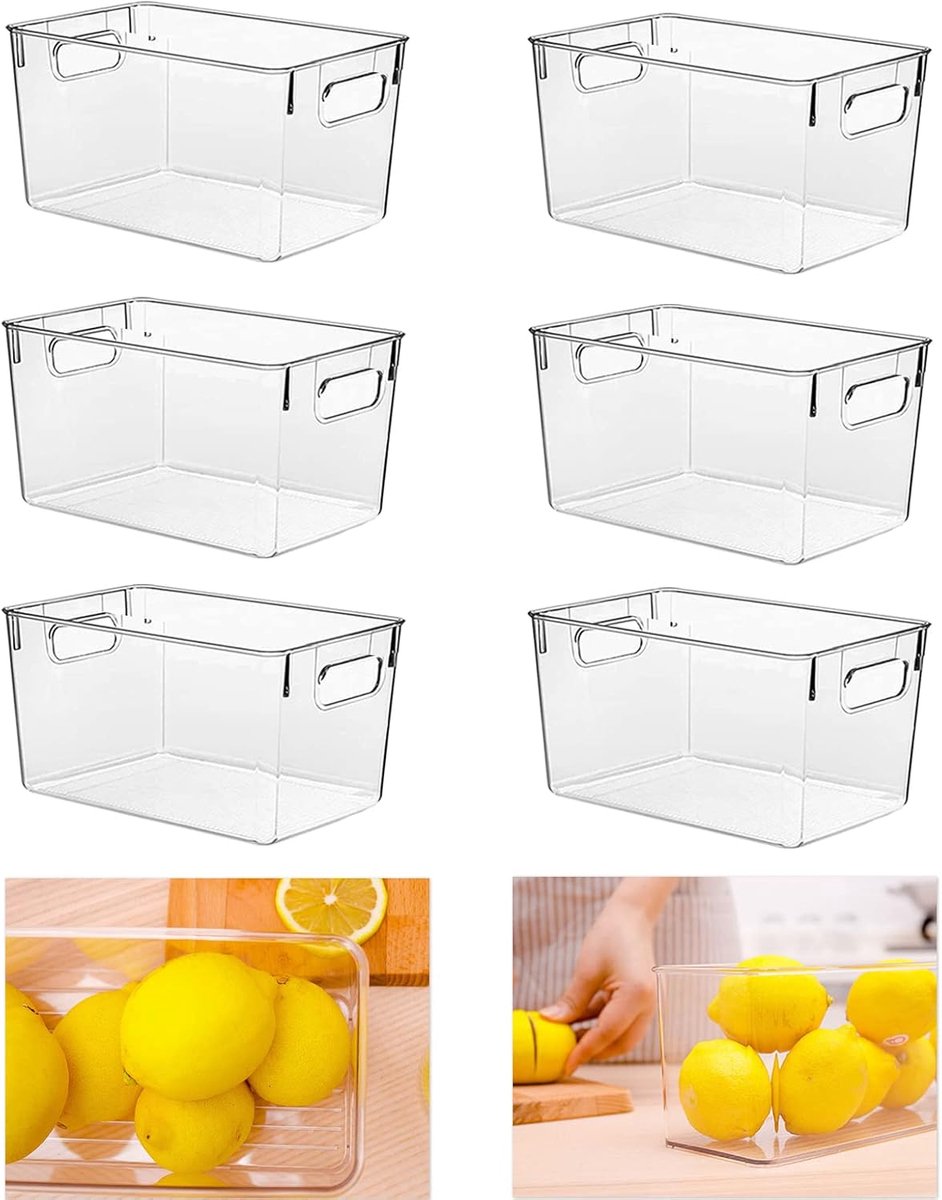Candala Koelkastorganizer, set van 6 keukenopbergdozen met handgrepen, robuust en doorzichtig, voor kasten, badkamer, BPA-vrij, 24 x 13 x 11,5 cm