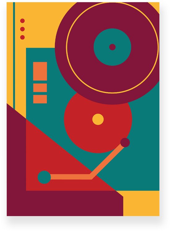 Poster 50x70 cm - Retro Platenspeler - Rood - Blauw - Geel - Abstract - Vintage - Muurdecoratie - Wanddecoratie