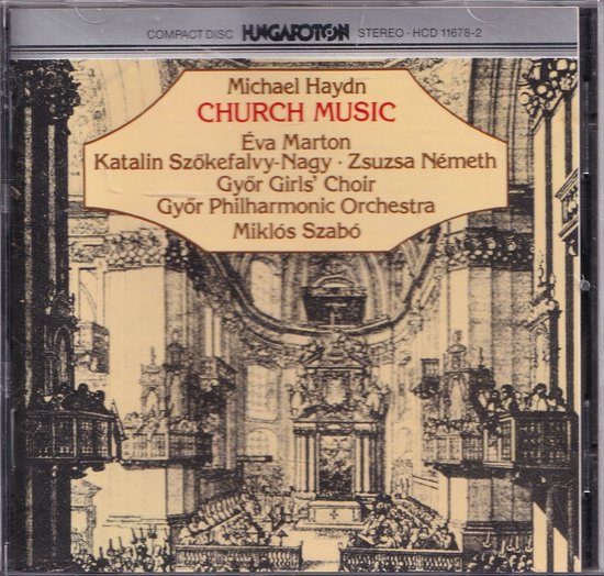 Voor-CD-hoes Michael Haydn Church Music met illustratie van een kerkinterieur en uitvoerenden.