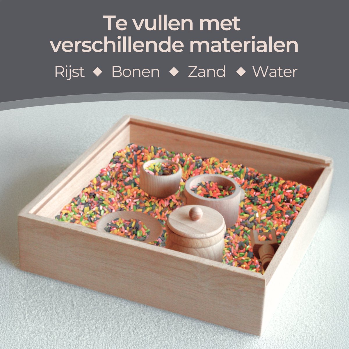 Houten Sensory Speelbak - Met Deksel & Accessoires - 30x30x6 cm — afbeelding 3