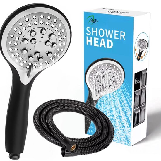 Zwarte douchekop en slang, met productverpakking. 'Shower Head', 5 sproeistanden.