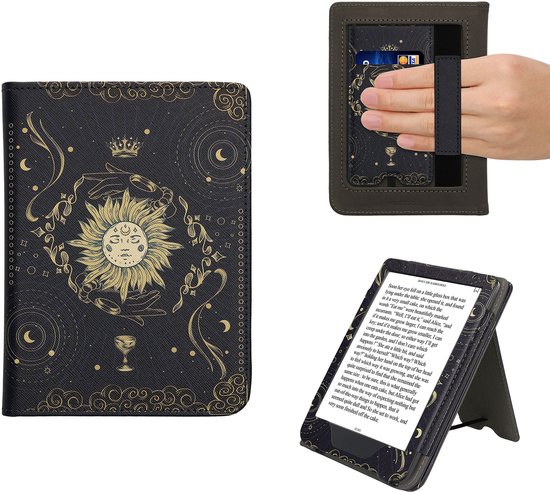 kwmobile e-reader hoesje geschikt voor Kobo Clara BW / Colour hoes - E reader flip case van kunstleer - Ereader cover met stand - Tarotkaart design in donkerblauw / geel / zwart