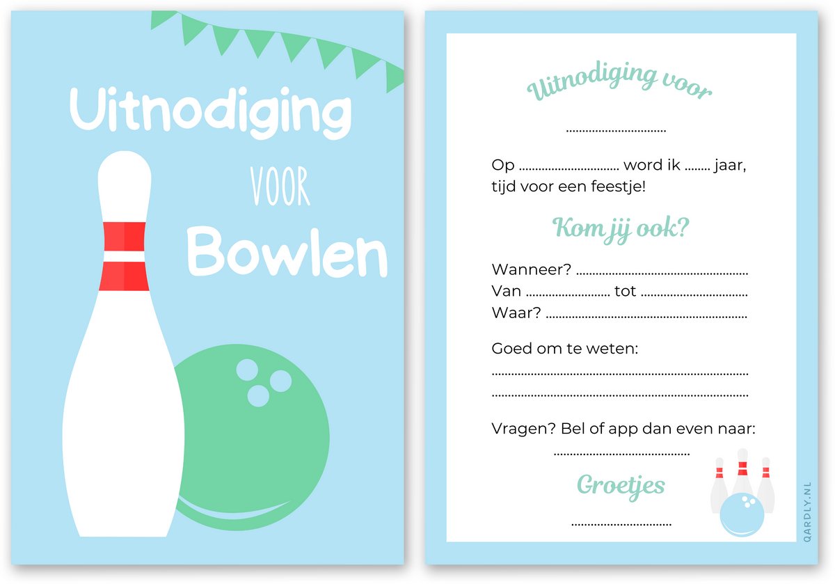 Uitnodiging kinderfeestje bowlen - 10 stuks - Uitnodiging verjaardag - Inclusief enveloppen - Uitnodiging bowling feestje