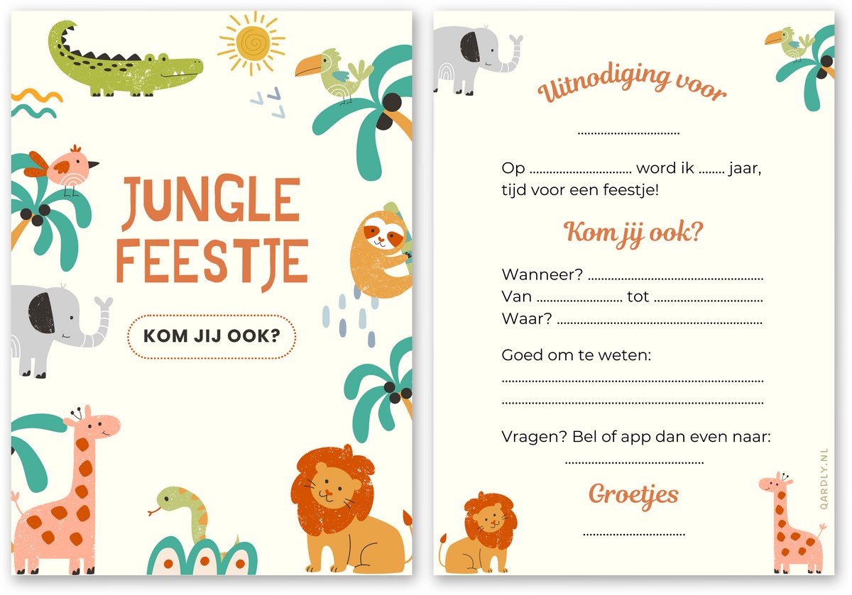 Uitnodiging kinderfeestje jungle - 10 stuks - Uitnodiging verjaardag - Inclusief enveloppen - Uitnodiging jungle dieren