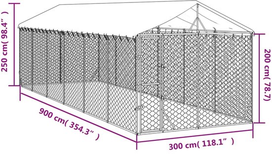 The Living Store Chenil avec toit 3x9x2-5 m en acier galvanisé couleur argent - Chenil