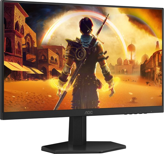 Zwarte AOC gaming monitor met een fantasie-afbeelding van een krijger in een woestijnstad.