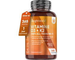 Vitamine D3 + K2 (MK-7) tabletten - 2000 IE + 200mcg - 365 tabletten voor 1 jaar voorraad - Vitamine D supplement van WeightWorld
