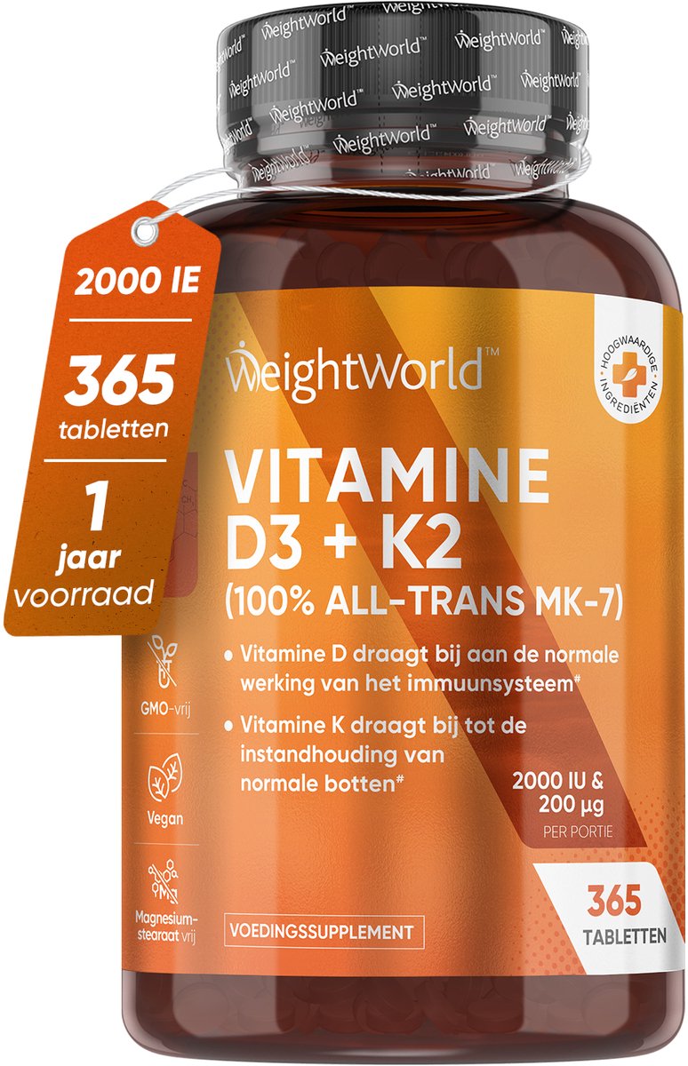 Vitamine D3 + K2 (MK-7) tabletten - 2000 IE + 200mcg - 365 tabletten voor 1 jaar voorraad - Vitamine D supplement van WeightWorld — afbeelding 1