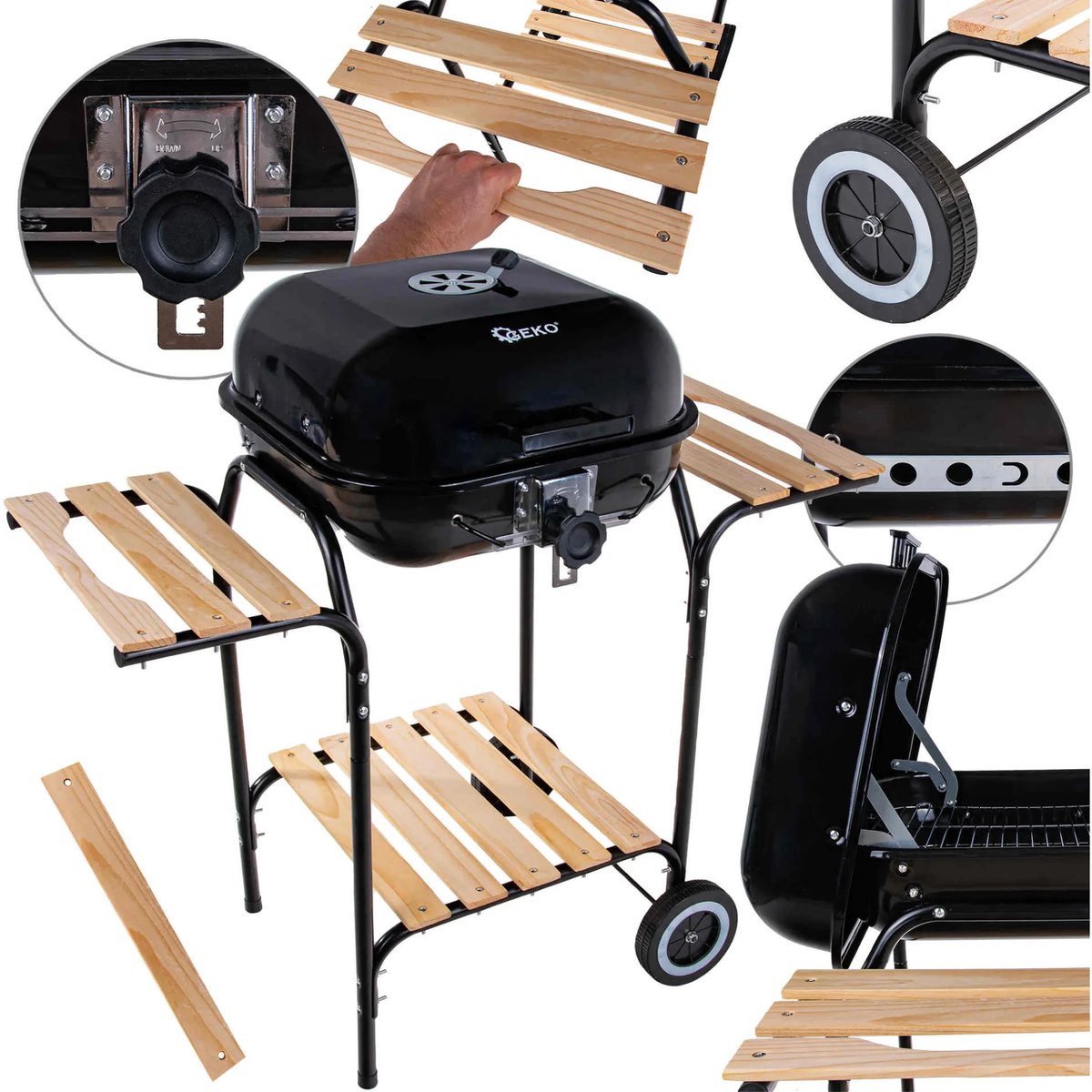 GEKO Verstelbare houtskoolbarbecue - 40x40 cm - Met zijplanken en luchtcirculatiecontrole
