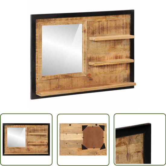 Miroir The Living Store avec étagères 80x8x55 cm verre et bois de manguier massif - Miroir de salle de bain - Miroir avec Compartiments de rangement - Miroir en bois de Mango - Miroir mural - Miroir Vintage