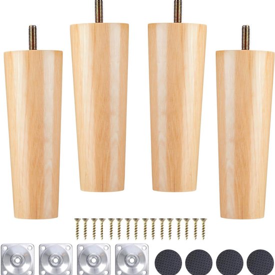 Luabue 4 stuks houten meubelpoten, 12 cm, schuine houten poten voor meubels, houten meubelpoten met montageplaat en schroeven, houten poten voor bank, bed, kast, tafels en stoelen