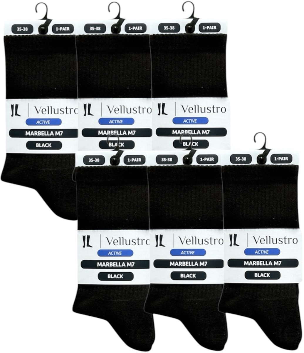 Vellustro® Marbella M7 Tennissokken - 6 Paar - Padel sokken - Sportsokken - Hardloopsokken - Maat 35-38 - Zwart - Naadloos - Dames Sportsokken - Meerdere Maten en Kleuren