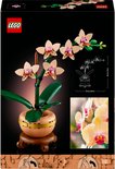 De doos van de LEGO orchidee, met een afbeelding van de plant en details van de bloemen.