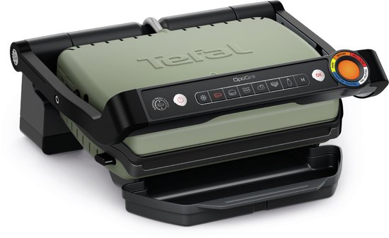 Lichtgroene Tefal OptiGrill contactgrill met gesloten deksel, bedieningspaneel en kookindicator.