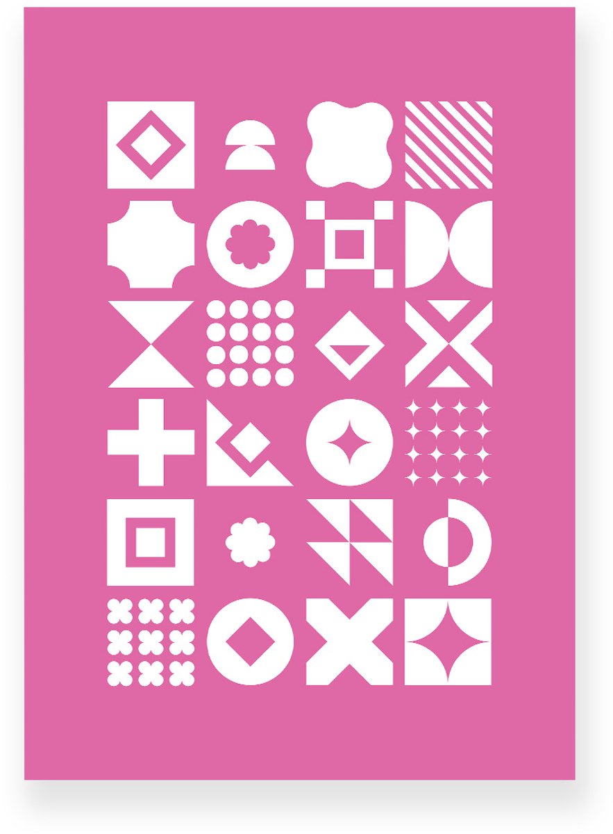 Poster 30x40 cm - Geometrische Vormen - Roze - Wit - Abstract - Vintage - Muurdecoratie - Wanddecoratie