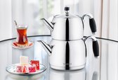 Tobeyz - Théière Alara - 1 L en haut et 2 L en bas - Acier inoxydable 18/10 brillant - Compatible induction - Ensemble théière bouilloire turque - Couvercle en Verres résistant à la chaleur - Poignées confortables en Siliconen Zwart - Coffret cadeau