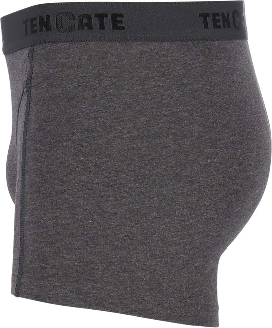 Zijzicht donkergrijze Ten Cate boxershort met zwarte logo tailleband.