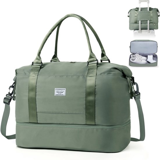 TAN.TOMI Reistas – Sporttas voor dames en heren – 46x23x32 cm -Met Smart -Sleeve voor op een Koffer – Handbagage Tas – Met Schoenenvak en Afneembare Schouderband – Groente
