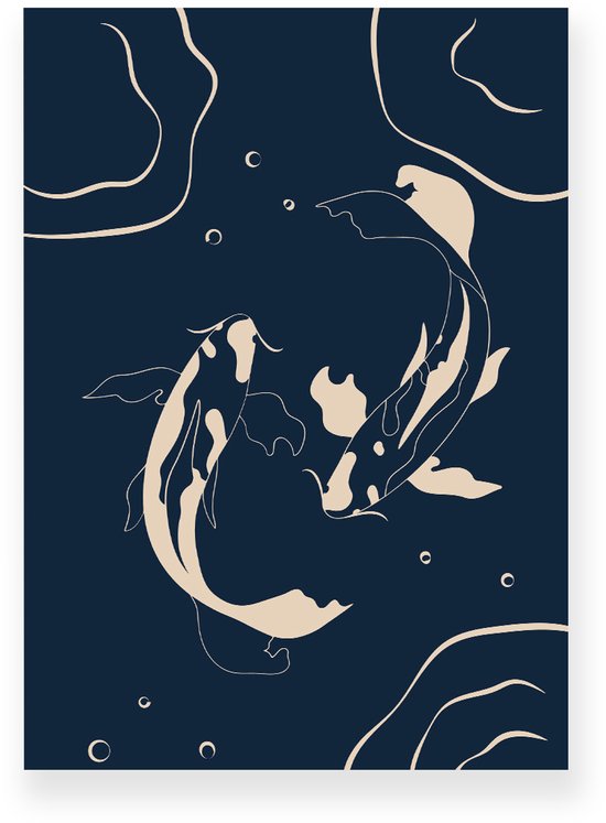 Poster 50x70 cm - Koi Vissen - Water - Donkerblauw - Beige - Minimalistisch - Botanisch - Muurdecoratie - Wanddecoratie