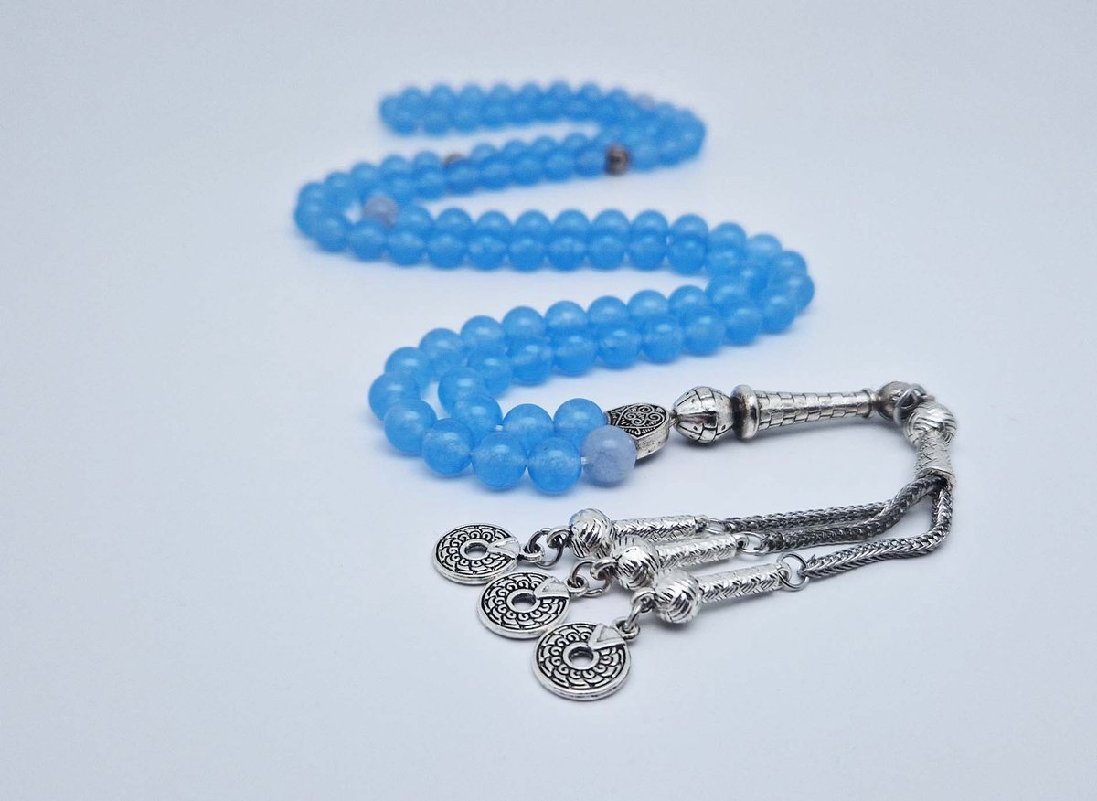 Handgemaakte tesbih "Tasbih" natuursteen " Blauwe Jade " - Aantal kralen 99 - Diameter kralen 8MM - met metaal tassel "Cirkels" - Een mooi cadeau-idee