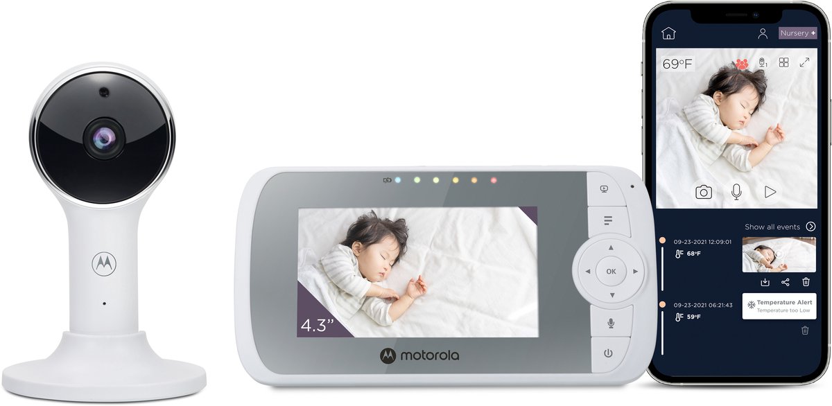 Motorola VM64 Babyfoon met Camera en App – 4.3” WiFi Video Baby Monitor met Smartphone App – 2-weg Audio, Nachtzicht, Temperatuur, Slaapliedjes, Digitale zoom
