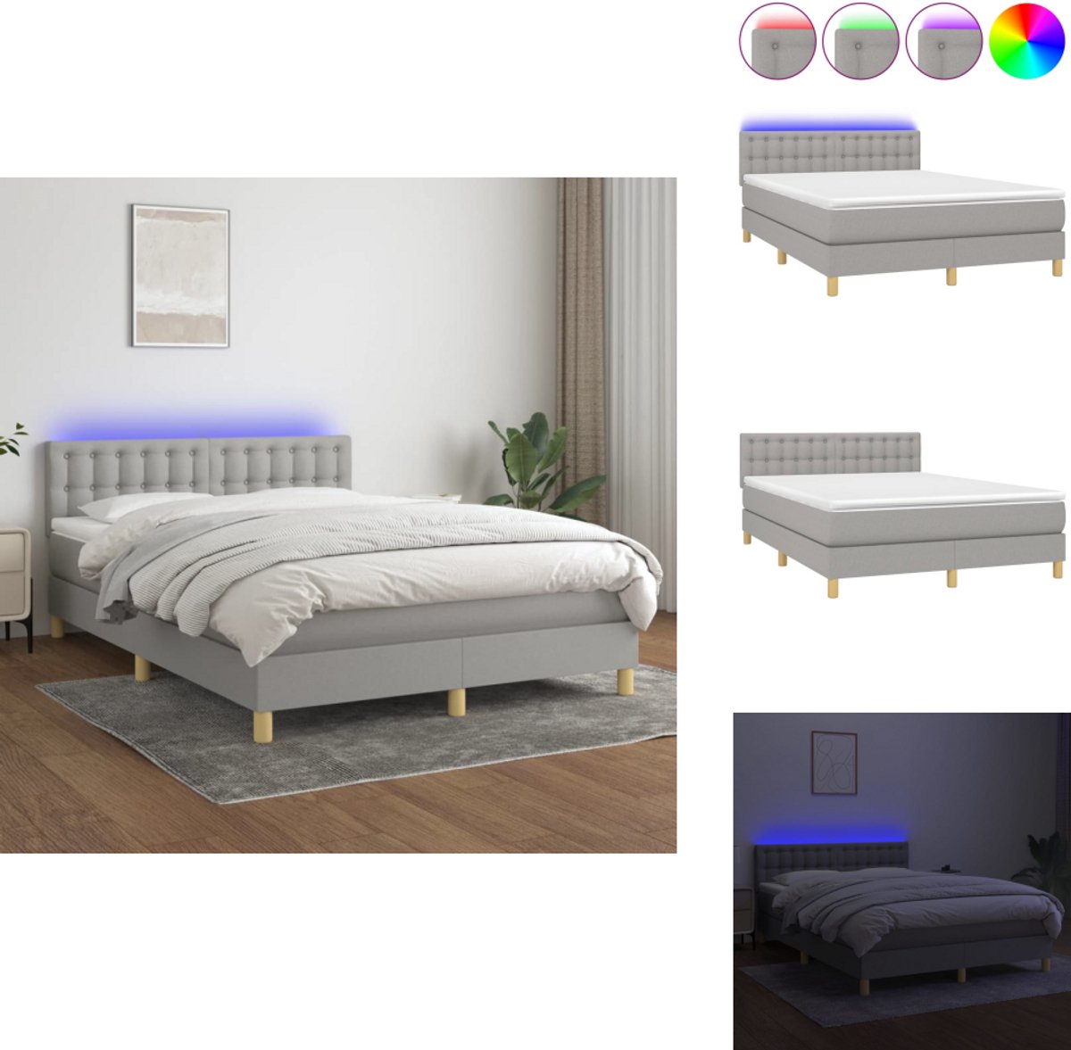 vidaXL Boxspring - Boxsprings - Bed - Slaapmeubel - Boxspring met matras en LED stof lichtgrijs 140x200 cm
