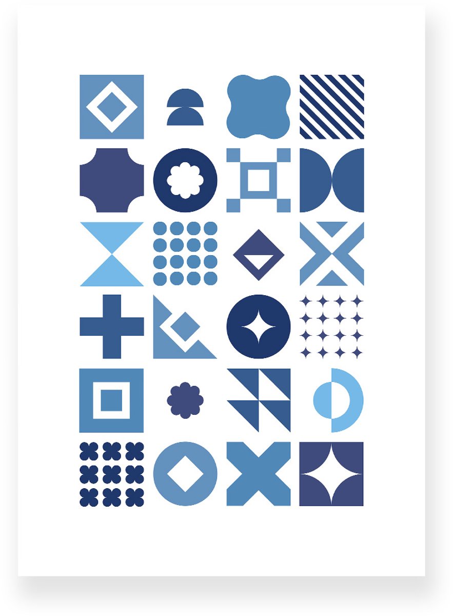 Yisual Poster 50x70 cm - Geometrische Vormen - Wit - Blauw - Abstract - Vintage - Muurdecoratie - Wanddecoratie