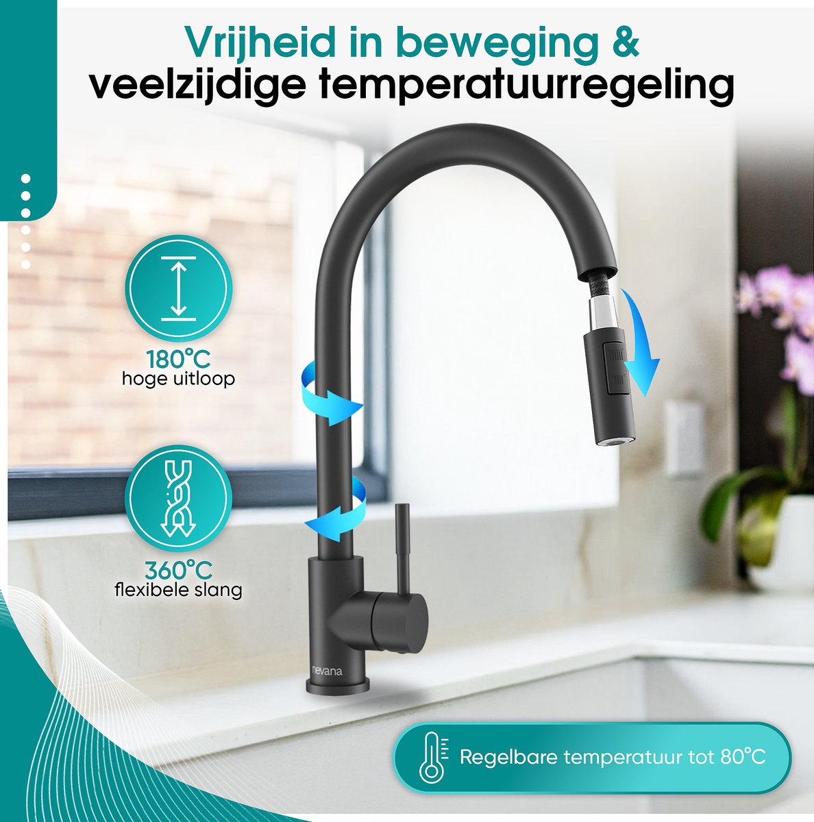 Ibergrif M22129-3 Keukenkraan - Wit - 360° Draaibaar - Flexibele Slang Eengreepsmengkraan Met Uittrekbare Waterkraan Keuken Wit