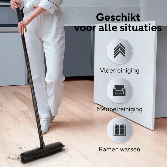 Bene Vivere® 2-in-1 Rubberen Bezem - Met Ramenwasser - Multifunctioneel - Vloertrekker met steel - Bezem met Rubberen borstel en Raamwisser - Vloerwisser badkamer - Vangt Katten en Hondenharen — afbeelding 2