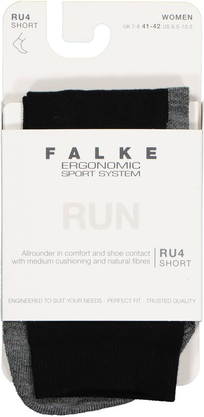 Zwarte Falke RU4 hardloopsokken met paarse boord in verpakking.