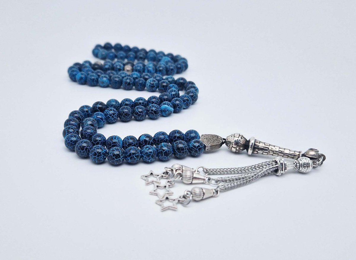 Handgemaakte tesbih "Tasbih" natuursteen " Blauwe harmonie" - Aantal kralen 99 - Diameter kralen 8MM - met metaal tassel "Kleine sterren" - Een mooi cadeau-idee