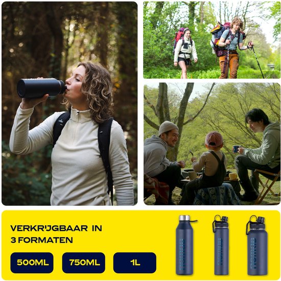 Collage: vrouw met fles in bos, wandelaars, gezin kampeert. Flessen in 500ml, 750ml, 1L.