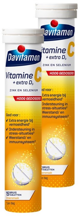 Davitamon Vitamine C forte + vitamine D3 - 2 x 15 bruistabletten - Voedingssupplement - BUNDEL 2 STUKS