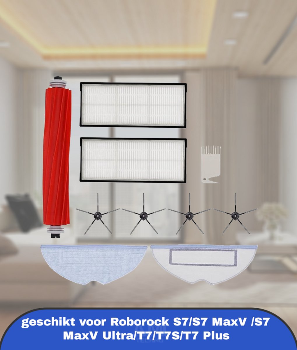 Reserveonderdelen geschikt voor Roborock S7/S7 MaxV /S7 MaxV Ultra/T7/T7S/T7 Plus, 1 Hoofdborstel, 4 Zijborstels, 2 HEPA-Filters, 2 Mopdoeken, 1 Borstel, in Totaal 10 Stuks S7 MaxV Ultra Accessoires