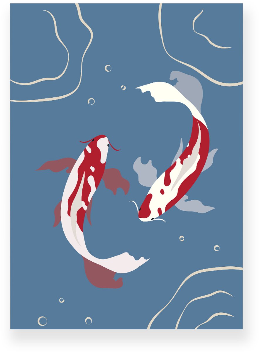 Yisual Poster 20x30 cm - Koi Vissen - Water - Blauw - Rood - Minimalistisch - Botanisch - Muurdecoratie - Wanddecoratie