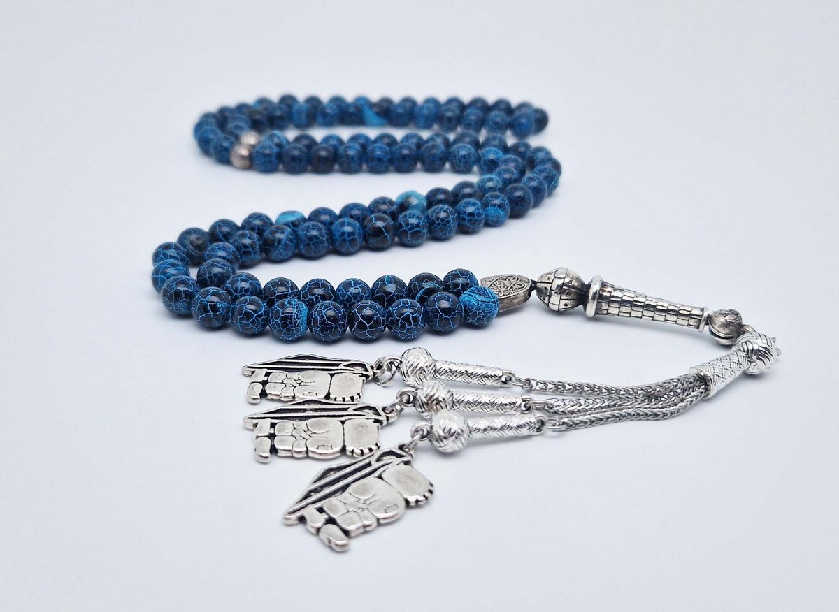 Handgemaakte tesbih "Tasbih" natuursteen " Blauwe harmonie" - Aantal kralen 99 - Diameter kralen 8MM - met metaal tassel "Hanzala" - Een mooi cadeau-idee