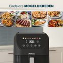 Collage met foto's van verschillende gerechten die bereid kunnen worden in de Princess heteluchtfriteuse, waaronder friet, taart, pizza, garnalen, biefstuk, zalm en geroosterde groenten.