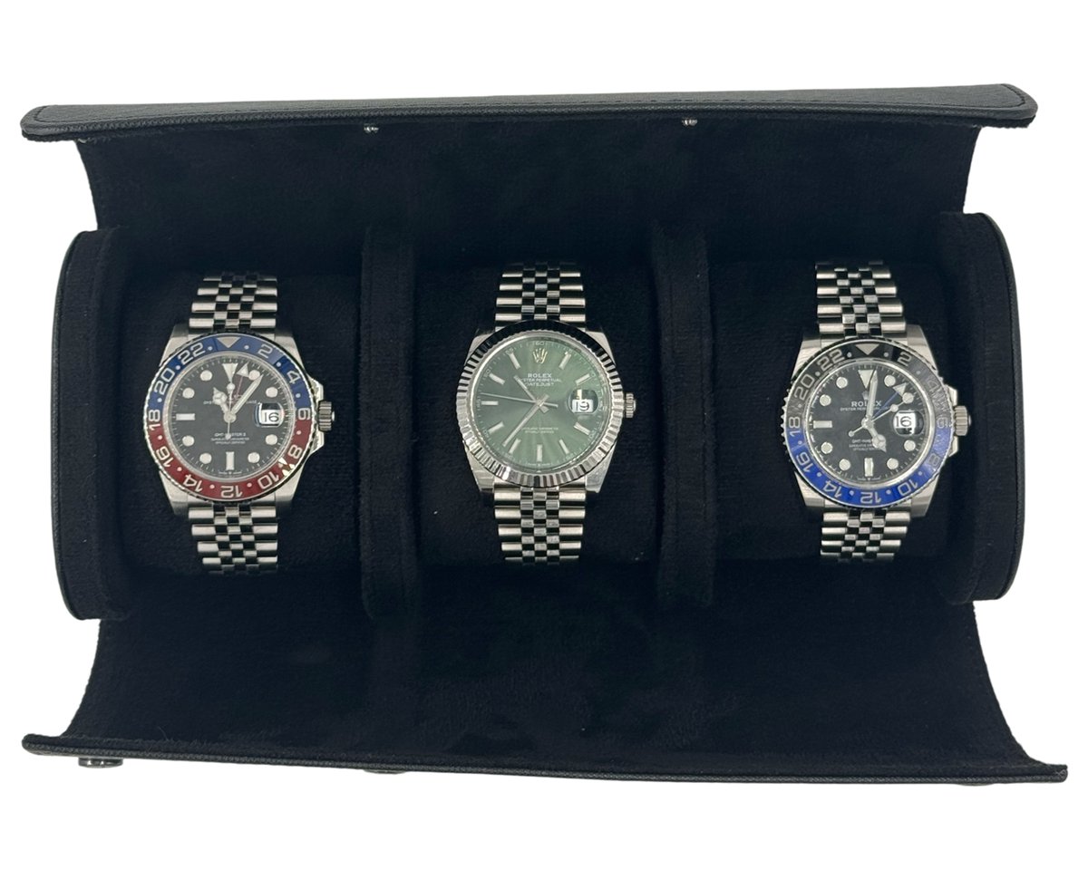 Pretty Goods Vintage - Sieradenopbergdoos- Watch Roll - Reisaccessoires - Leer Suede - 3 Horloges - Zwart