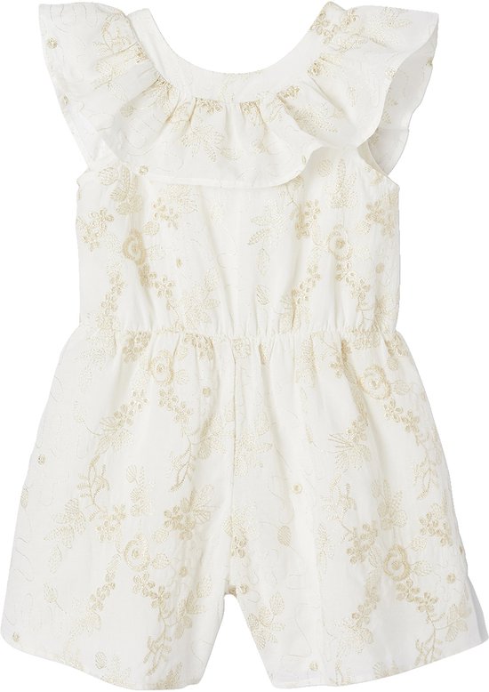 Witte jumpsuit met gouden bloemenborduursel, rucheskraag en korte broekspijpen.