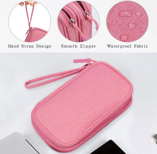 Kabel Organiser Tas - Tas Organizer - Kabel Hoesje - Opbergtas voor Kabels - handtas - Kabeltas - Oplader tas - Universele - Dubbele laag - 19*11*5.5cm - roze - Vierkant - Met handvat - Polyester - waterdicht