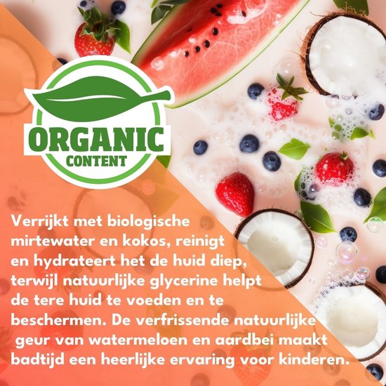 Ingrediënten met watermeloen, aardbeien, bosbessen, kokos en zeepbellen. "Organisch" is omringd door een groene cirkel.
